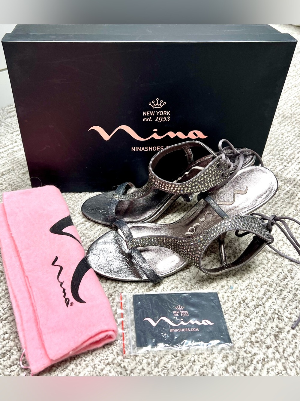 Nina Metallic Pewter Rhinestone T-Strap Sandals Heels 7 M